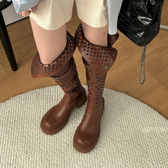 LIZAKOSHT - Genuine Leather Round Toe Shallow Turn Over Edge Women Boots Belt Buckle Solid Color New Fashion Sexy Over The Knee Female Shoes