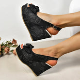 LIZAKOSHT - Slope Heel Sandals Female Summer New Bow Embroidery High-heeled Fish Mouth Shoes Thick Bottom Fashion Versatile Women Shoes
