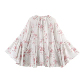 LIZAKOSHT - Spring Summer White Pink Floral Print Flare Cuff Long Sleeve Pullover Shirt Women Bow O Collar Loose Short Blouses Femme Tops