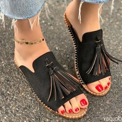 LIZAKOSHT - Women's Flat Sandals Resorts Handmade Tassels Wholesale Summer Shoes for Women Retro Design Female Slides Mules Size 41-43
