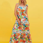 LIZAKOSHT - Fashion Floral Print Tie Up Pleated Holiday Dresses Summer Spaghetti Strap Long Dress Boho Sleeveless Low Cut Beach Sexy Dress