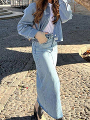 LIZAKOSHT - Blue Denim Long Skirt Women Spring Summer Elegant Front Split Maxi Skirt Ladies Vintage Fashion High Waist Slim Streetwear Skirt