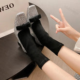 LIZAKOSHT - Fashion Shiny Women Mary Jane Socks Boots Designer Bowknot Slip-on Platform Ankle Boots 2025 New Autumn Thick High Heel Boots