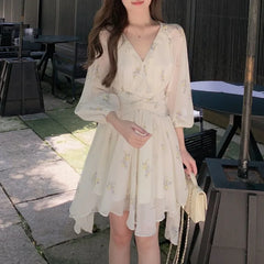 LIZAKOSHT - Print Floral Women Dresses Lantern Sleeve V Neck Ruffles Vestidos Mujer Korean Fashion Sweet Elegant Mini Dress