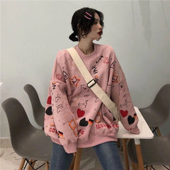 LIZAKOSHT - Harajuku Graffiti Women Sweatshirts Fall Winter Thick Vintage Sweet Preppy Pullovers Korean Loose Casual Print Long Sleeve Tops