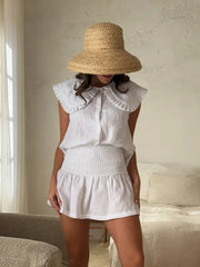 LIZAKOSHT - Chic Lien Ruffle Collar Shirt Shorts Set Women Elegant White Sleeveless Shirts High Waist Pleated Skirt 3Piece Sets Lady Holiday