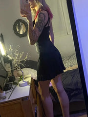 LIZAKOSHT - Aesthetic Y2k Sexy Black Dress Women Dark Gothic Streetwear Spaghetti Strap Lace Patchwork Irregular Hem Dress Female