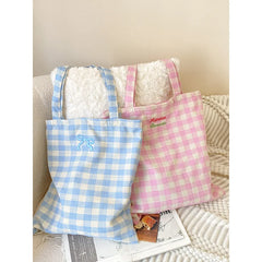 LIZAKOSHT - Women'S Canvas Plaid Printed Shoulder Bag Daily Commute Bag Large Capacity Supermarket Shopping Bag