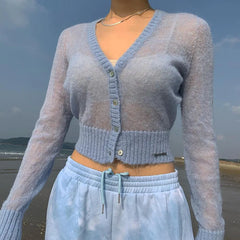 LIZAKOSHT - New V-neck Knitted Cardigan Sweater Women's Long-sleeved Thin Section Micro-transparent Sunscreen Cardigan Top Spring and Summer