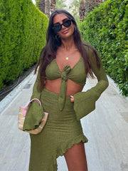LIZAKOSHT  -  Sexy Irregular Skirt Women Set Fashion V-neck Lace Up Long Sleeve Short Top Suit Female High Waist Asymmetry Midi Skirts Outfits