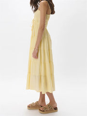 LIZAKOSHT - Women Summer Sleeveless Sling Dress Casual Solid Front Tie-up Ruffles A-Line Party Dress Vacation Cocktail Streetwear