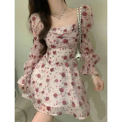 LIZAKOSHT - Korean Floral Pink Mini Dress Woman Spring Sweet Backless Long Sleeve Dress Party Elegant One Piece Princess Style A Line Dress