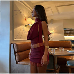 LIZAKOSHT - Sexy Halter Low Cut Top Tassel Skirt Set Lady Chic Street Solid Pleated Tops Slim Mini Skirts Sets Women Summer Retro Outfits
