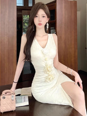 LIZAKOSHT - Elegant Dresses Women Flowers Lace Patchwork Sleeveless Halter Slim Split Temperament Party Dress Summer Fashion