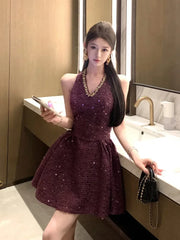 LIZAKOSHT  -  Korean Sweet Tweed Short Dresses For Women 2025 Spring Fashion Luxury Sequins Hotsweet Backless Sexy Party Dress Vestidos Cortos