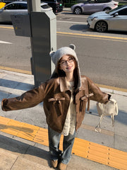 LIZAKOSHT - Women's Vintage Bow Tie Leather Jacket Drop Sleeve Casual Loose Cargo Motorcycle PU Leather Coat Turn Down Collar