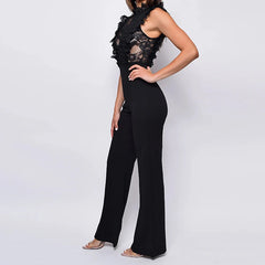 LIZAKOSHT - Stand Collar Sleeveless One Piece Jumpsuits Sexy Lace Patchwork Sheer Straight Rompers Women Elegant Waist Solid Long Playsuits
