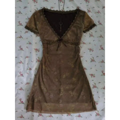 LIZAKOSHT - Vintage Floral Brown Dress Women's Summer Chic Sexy Elegant Fashion Ladies Casual Dress Beautiful Lace Mini Short Dresses
