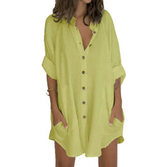 LIZAKOSHT - Women's Cotton Linen Nigthdress Single Breasted Summer Thin Ladies Home Dress Solid Comfortable Homewear Nightgown For Female