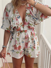 LIZAKOSHT - Women Deep V-Neck Loose Rompers Floral Print Short Puff Sleeve Summer Jumpsuits High Waist Playsuits Streetwear