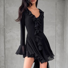 LIZAKOSHT  -  Sexy V-Neck Ruffle Mini Dress Women's Elegant Ruffle Sleeve Patchwork Pleated Short Dress High Waist Pullover Mini Dress