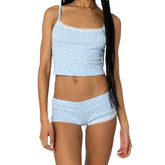 LIZAKOSHT - y2k Lounge Set Women Nightwear Heart Print Lace Trim Scoop Neck Crop Tops and Low Rise Mini Shorts 2 Piece Sleepwear