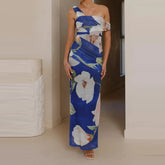 LIZAKOSHT - Pattern printed women's temperament slim fit dress casual vacation elegant off shoulder fashion party long dress