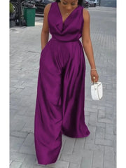 LIZAKOSHT - Deep V-Neck Jumpsuits Sexy Elegant Sleeveless Jumpsuit for Women New Loose High Waist Wide Leg Purple One-piece Pants