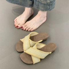 LIZAKOSHT - Summer Women Fashion Weave Cross Slippers Casual Comfort Wedges Heel Beach Vacation Slides Shoes