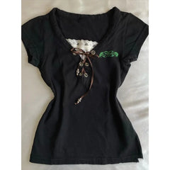 LIZAKOSHT - Pure Love Style Harajuku 2000s Fake Two Short Sleeves Female Summer New Vintage Black V-neck T-shirt Lace Short Top