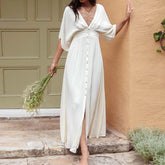 LIZAKOSHT - Half Sleeve Elegant Loungewear Party Dress, Women Spring Summer Single-Breasted Maxi Dress, New Deep V-Neck Holiday Ladies Dress