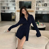 LIZAKOSHT - Office Siren Style Set Women's Summer Slim Striped Shirt Dress High Waist Shorts Two-piece Set Fashion Female Clothes