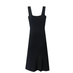 LIZAKOSHT - Spring New European and American Holiday Style Solid Color Sexy Square Collar Side Split Leisure Dress