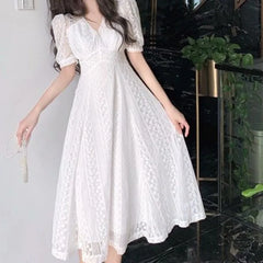 LIZAKOSHT - Lace Dresses for Women V Neck Solid Spring Summer Elegant Vestidos Mujer Korean Fashion Puff Sleeve Retro Long Dress