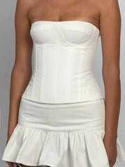 LIZAKOSHT - Spicy Girl Retro Design Two-Piece Set with Ba Strap Slimming Fibone Waist Tie Tube Top Tank Top with Lace Hem Skirt