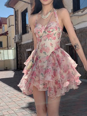 LIZAKOSHT - Summer Women Sleeveless Sweet Pink Print beach Dress Female Slim Holiday Halter Mini Dress Tierred Birthday Party Dress