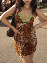 LIZAKOSHT  -  Vintage Leopard Print Patchwork Lace Mini Dress Women Vneck Spaghetti Strap Dress Slim Elegant Party Clubwear