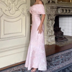 LIZAKOSHT - Pink Off Shoulder Big Bow Mermaid Maxi Dresses Floral Embossed Satin Slim Floor Length Formal Wedding Guest Evening Party Gown