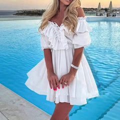 LIZAKOSHT - Casual Pleat White Mini Dress Elegant V-neck Flared Sleeve A-Line Dress Women Fashion Drawstring Design Ruffle Short Dress