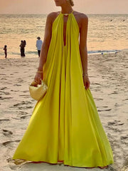 LIZAKOSHT  -  Women's Vibrant Yellow Halter Wrap Maxi Dress Deep V-neck Sexy Pleated Long Evening Dresses Elegant Photoshoot Dress