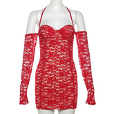LIZAKOSHT - Women Sexy Red See Through Mini Lace Dress Strapless Off Shoulder Long Sleeve Lace Up Halter Backless Birthday Club Party Outfit