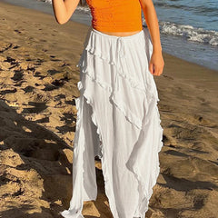 LIZAKOSHT - Beach Holiday Ruffles Long Skirts Lace Up Low Waist Y2K Aesthetic Loose Split Maxi Skirt Women Summer Grunge Fairycore