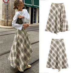 LIZAKOSHT - Women Casual Plaid Midi Skirt Chic Trendy Zip-up Asymmetrical Hem Skirt New Spring Summer Women Holiday Party Skirt