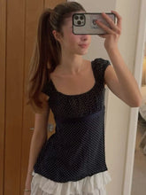 LIZAKOSHT - Polka Dot Navy Long T-shirt Blouse Women Summer Square Collar Lace-up Elastic Waist Slim Tshirts Sweet Vintage Y2k Tee Tops