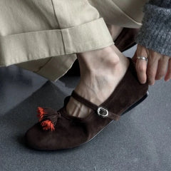 LIZAKOSHT - Fashion Tassel Decoration Ballet Flats Women Soft Leather Buckle Round Toe Mary Jane Shoe Comfort Shallow Designer Loafers Pumps