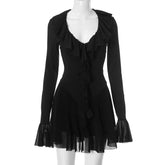 LIZAKOSHT  -  Sexy V-Neck Ruffle Mini Dress Women's Elegant Ruffle Sleeve Patchwork Pleated Short Dress High Waist Pullover Mini Dress