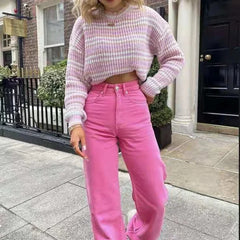 LIZAKOSHT - Women Jeans Pants Retro Brown Y2k Pocket High Waist Straight Pants Women Casual Pants for Women Denim Mom Pink Vintage Baggy