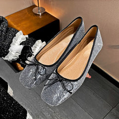 LIZAKOSHT - Bling Ballet Flats Women Shoes Square Toe Shiny Spring Autumn Footwear Women Shallow Fashion Comfort Sweet Bow Mary Jane Shoes