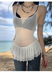LIZAKOSHT - Spicy Girl White Ruffle Edge Strap Vest Women's Summer Sexy Slimming and slimming