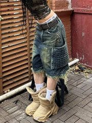 LIZAKOSHT  -  Vintage Wash Raw Edge Pocket Cargo Jeans Woman Y2K Streetwear Loose Distressed Fashion High Waist Straight Wide Leg Denim Pants